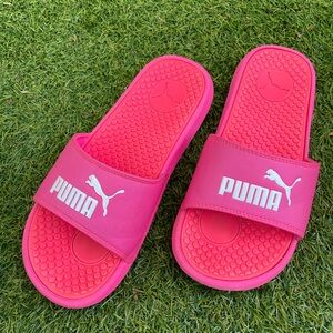 Puma 8 Cool Cat Neon Bright Pink White Logo Slip On Single Strap Slides Sandals